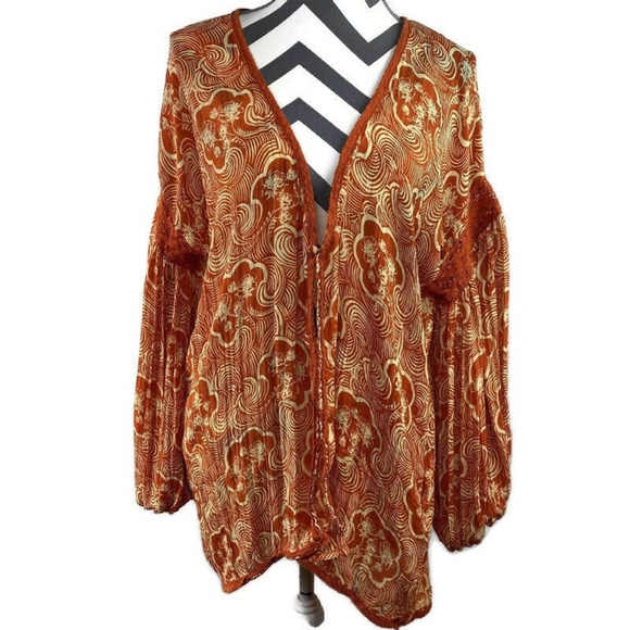 Free People Sweaters - Free People Orange Floral Puff Sleeve Boho Kimono